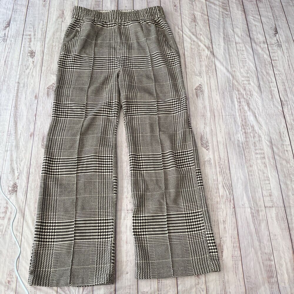 H&M Cream Brown Plaid Wide Leg Elastic Waist Dress Pants Women Size 8